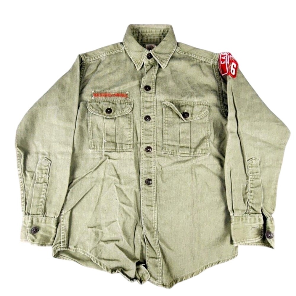 Vintage Boy Scouts Of America Shirt Boys Medium Green Official Uniform Twill